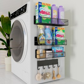 4 Pack Magnetic Shelves for Washing Machine, Heavy-Duty Magnetic Laundry Organizer with Hooks, Washing Machine Shelf for Refrigerator, Metal Storage Baskets, Closet & Laundry Room Organization(Black)