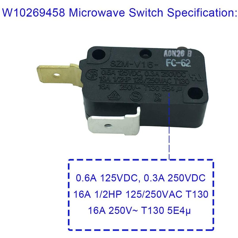 LONYE SZM-V16-FC-62 W10269458 Microwave Door Switch Replacement for Whirlpool Microwave