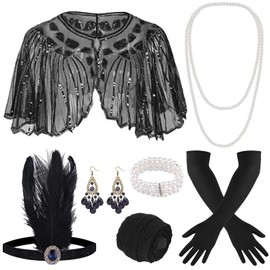 ELFIN 10-Piece 1920s Flapper Great Gatsby Accessories Set Fashion Roaring 20's Theme Set with Headband, Headwear, Long Black Gloves, Necklace Costume Vintage Accessories Ladies