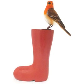 Brave Wings Hand Carved Wooden Bird ~ Robin Red Breast on Red Boot ~ OOAK Ornament Sculpture Figurine Statue Unique Table Decoration Home Decor Gift for Christmas and Birthdays ~ 4893