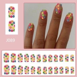 Colorful Flower Press on Nails Short Square Fake Nails with Design Floral Glue On Nails Spring Nails Full Cover Glossy Reusable Summer False Nails for Women Girls Manicure 24Pcs