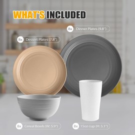 Teivio 32-Piece Kitchen Plastic Wheat Straw Dinnerware Set, Service for 8, Unbreakable Plates, Bowls and Cups Set, Farmhouse Outdoor Camping Dishes for Rustic Life/Country/Vintage, Country