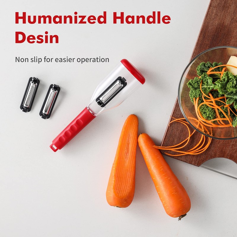Pelador de verduras con recipiente de almacenamiento con 3 cuchillas