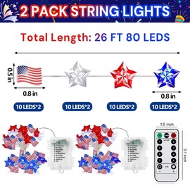 ONEVIVE 4th of July Decorations, 2PCS Red White and Blue Star Lights, String Lights Battery Operated, 13FT 40 LED Bulbs Patriotic Independence Day Decoration Indoor Outdoor (Flags)