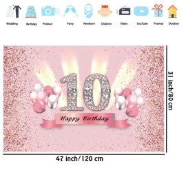 10th Birthday Decoration Banner Happy 10th Birthday Backdrop for Girls 10th Birthday Party Background Glitter Pink Party Banner Kids Photo Studio Props 120 cm x 80 cm