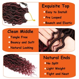 EFFGOCO 18 Inch 7 Packs Goddess Locs Crochet Hair Ombre Burgundy Faux Locs Crochet Hair for Women Pre Looped River Locs Crochet Hair with Curly Ends Synthetic (18Inch, T-BUG)