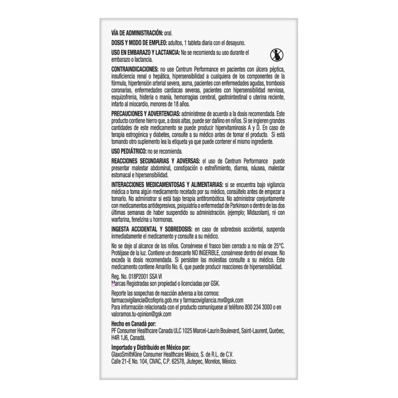 Multivitamínico Centrum Performance Vitamina Hierro Potasio Zinc Tabletas