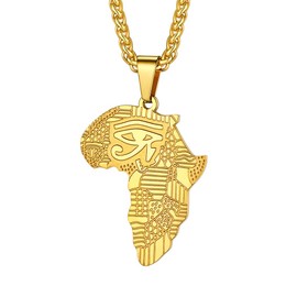 Suplight Gold Eye of Horus Pendant Africa Map Chain Necklace Hip Hop Jewelry Stainless Steel Map of Africa Ethiopia Charm for Men Women
