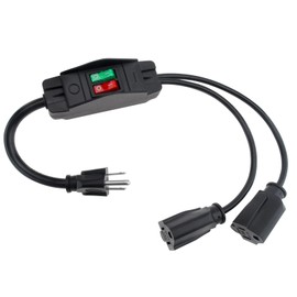 RTNLIT 2 Way Power Extension Cord with On Off Switch, 1.8 Ft 3 Prong Outlet Y Splitter, 2 NEMA 5-15R to 1 NEMA 5-15P Cable with SJT 14AWG 15A/125V and 18AWG 10A/125V Sub Line for Indoor Outdoor