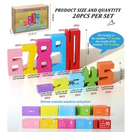 20PCS Wooden Number Building Blocks, Wooden Number Blocks with 15Pcs Instruction Card for Learning Games for Boys and Girls