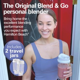 Hamilton Beach Portable Blender for Shakes and Smoothies, 14 Oz BPA Free Travel Cup & Lid, Durable Stainless Steel Blades, Personal Smoothie Blender, 2 Jars - White (51102V)