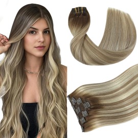Youngsmile Balayage Clip in Hair Extensions Human Hair, Silky Straight Real Human Hair Clip in Extensions, Balayage Brown to Light Brown Mix Light Blonde, 120 Grams 16 Inch 7Pcs (CLIP#3/8/22-16Inch)