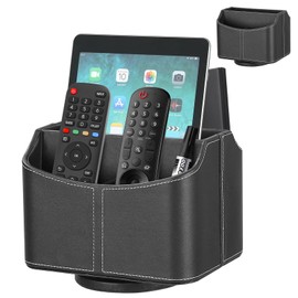 Esilihom Remote Control Holder, TV Remote Holder, PU Leather | 360 Degree Rotatable | 5 Compartments, Black