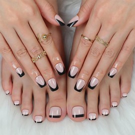 48Pcs Press on Nails Short Square & Press on Toenails Set, black French Tip Fake Nails Full Cover Glue on Nails Nude Press on Toe Nails Glossy Stick on Toe Nails Acrylic Nails Kit for Women Manicure