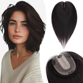 Silk-co Hair Topper Real Hair, 10 x 12 cm Base Toupee Women, Hair Topper Real Hair with Remy Silk Base, Hair Topper Clip-In Hairpiece Extensions, 15 cm 1B# Natural Black