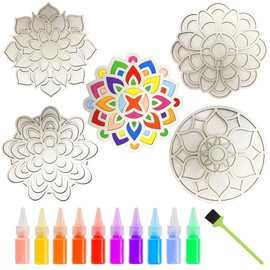 MLOLM 5pcs Wooden Diwali Mandala Sand Art Kits 11.8'' DIY Floral Rangoli Mats for Floor Decoration Mandala Sand Painting10 Rangoli Colors with Brush for Home Indian Festivals Party Decoration