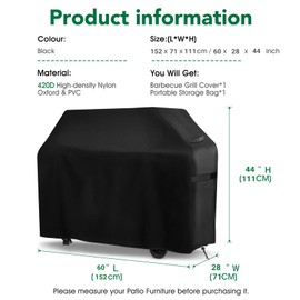GARPROVM BBQ Cover, Barbecue Cover Waterproof 420D Heavy Duty BBQ Grill Cover Oxford Fabric Waterproof, Windproof, Rip-Proof with Storage Bag for Weber, Brinkmann, Char Broil etc(152x71x111cm)