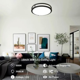 Elekeed 2-Pack Ceiling Light Fixture Black 36W, 13 inch Flush Mount Light Fixtures 3600LM, Modern Ceiling Light No Flicker, 5000K Bright LED Ceiling Lights for Hallways Bedroom Bathroom ETL Listed