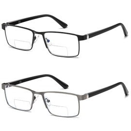 LKEYE Bifocal Reading Glasses Men Progressive Blue Light Blocking Computer Readers No Line Wide Metal Frame Designer Cheaters Transition Square Stylish Fashion Eyewear LK6013 +2.25 Strength