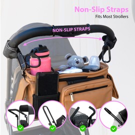 Mama Lubu Stroller Caddy with Cup Holder - Vegan Leather Universal Stroller Organizer with Cup Holder & Non-Slip Straps - Stroller Storage Attachment - Stroller Organizers - Stroller Bag