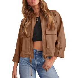 Tankaneo Women Casual Cropped Jackets Zip Up Lightweight Military Safari Short Utility Coat with Pockets