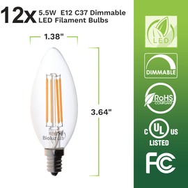 Bioluz LED 92 Cri E12 Bombillas De Candelabro Led 60 Watt (5.5W) Blanco Suave 3000K Bombilla De Vela De Filamento Led Transparente Regulable Ul Listed Título 20 Paquete De 12