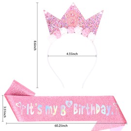 Casoty 8th Birthday Girl Crown Headband and Sash Set – Pink Glitter Tiara with Flowers for 8 Year Old Party Outfit, Princess Dress Up, Birthday Accessories