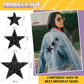 Syhood 24 Pieces Star Patches Iron on Rhinestone Adhesive Sequin Glitter Star Patches Appliques for Clothing Jeans Repair Decoration(1.57/2.36/3.15 Inch,Black)