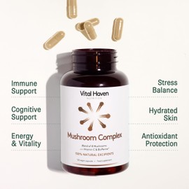 Vital Haven - Mushroom Supplement - Lions Mane, Reishi, Cordyceps, Shiitake, Maitake, Chaga, Agaricus Blazei, Tremella with VIT C - UK Made