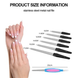 Set of 7 Nail Files, 6 Sizes Double-Sided Nail Art File, 9.2/11.8/12.5/14.5/15.2/17.2 cm, Nail File with 16 cm, Cuticle Remover, Nail File for Gel Nails, Women Nail Studio