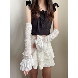 Ekieta Women's Arm Warmer, Lace Frill, Arm Sleeve, Thin, Floral Pattern, Finger Hanging, Cute, Lolita, Stacked Cuffs, Bowknot, Stylish, Y2k Sunscreen, Girly Style, Princess, Mine Type, Pure White