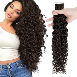 RUNATURE Hair Extensions Tape in Hair Curly Human Hair Dark Brown Curly Tape in Extensions Skin Weft Tape in Curly Hair Extensions Natural Wave 18 Inch 50g/20pcs