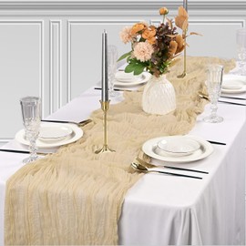 Heyyooo 10ft Cheesecloth Table Runner 35x120 Inch Boho Gauze Table Runner Cheese Cloth Long Table Runner for Wedding Bridal Baby Shower Birthday Party Table Decoration(Begie)