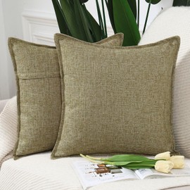 Madizz Set of 2 Linen Cushion Covers, Soft Decorative Cushion Covers for Sofa, Bedroom, Moss Green, 45 x 45 cm, Square