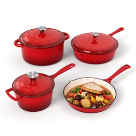 DishDelight Enameled Cast Iron Cookware Set, 7 Piece Set of Dutch Ovens, Sauce Pan, Skillet, 3 Lids, Dutch Oven Set, Pots and Pans Set Nonstick, Red