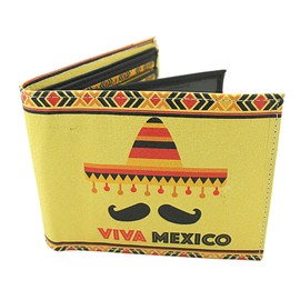 Needzo Mexican Wallet with ID Slot, Yellow Leather with Sombrero and Mustache, Viva Mexico, 3.5 x 4.5 Inches