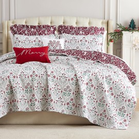Southshore Fine Living, Inc. Christmas Quilt, Queen Size/Full with 4 Pillow Shams & 2 Throw Pillows, Reversible Coverlet, Queen/Full Christmas Bedding Set, Vintage Christmas Print, Red & Cream