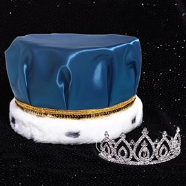 Anderson's Blue Satin Crown with Gold Sequins and Becca Tiara Royalty Set, King and Queen Set For Prom, Homecoming, School Dance, Costume, Party, Pageant, Event