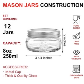 Tebery 12 Pack Home Glass Mason Jars with Silver Metal Lids and Bands, 8-Ounce Wide Mouth Glass Canning Jars for for Canning, Preserving, Meal Prep, Overnight Oats, Jam, Jelly