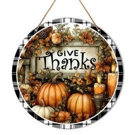 Thanksgiving Sign Front Door Decor, Fall Thankful Round Hanging Sign Decor Autumn Wall Decorations Thanksgiving Wood Sign for Home, Porch, Patio, Give Thanks