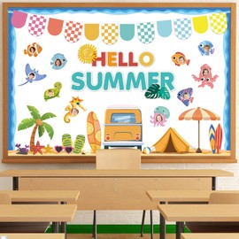 Summer Bulletin Board Decorations Set,70 Pcs Beach Hawaiian Tropical Marine Fish Theme Cut Outs Bulletin Board Decor for School Classroom Teacher Supplies