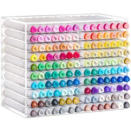 BEYGORM Acrylic Marker Organizer for 140 Markers, Large Horizontal Art Marker Storage Rack for Desk, Drawing Marker Stand Organizer for Desktop, Vertical Marker Holder Shelf for Acrylic Paint Pens