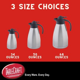 TableCraft 10299, Stainless Steel Thermal Coffee Carafe, 68 oz (2 Liter), Vacuum Insulated Beverage Dispenser, Thumb-Press Lid for Serving, Hot or Cold, Commercial Grade