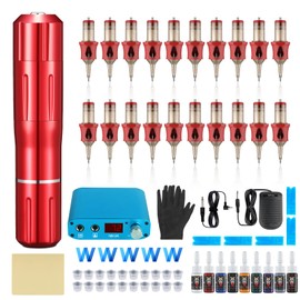 Tattoo Gun Kit - Tattoo Machine Kits Tattoo Supplies Set Tattoo Pen With Tattoo Needles Transfer Paper Suitcase for Tattoo Beginners (red 2)