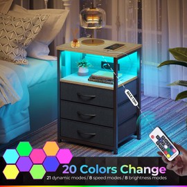 Seventable Nightstand with Charging Station and LED Light, Set of 2 Side Table with 3 Fabric Drawers, Bedside End Table with USB Ports and Outlets, Night Stand for Bedroom, Greige