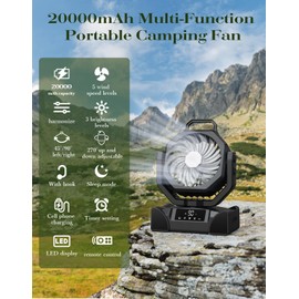 20000mAh Portable Camping Fan Rechargeable with LED Lantern, 5-Speed, Timer, Remote&Touch Control, Auto Oscillation, Long-time Battery Operated Fans for Camping Tent Office Beach Desk Fishing Table