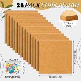 Cork Board Tiles 12 x 12 in 1/2 in Thick Square Bulletin Boards Cork Tiles Bulk with Push Pins Mini Natural Self Adhesive Backing Corkboards Tiles for Wall Home Office School Floor DIY(28 Pcs)