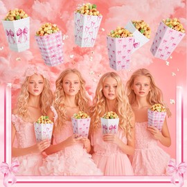 Honeydak 24 Pcs Pink Bow Popcorn Boxes Paper Kraft Coquette Bowknot Popcorn Buckets Pink Container Goodies Candy Boxes for Girls Birthday Baby Shower Wedding Bridal Shower Graduation Party Decorations