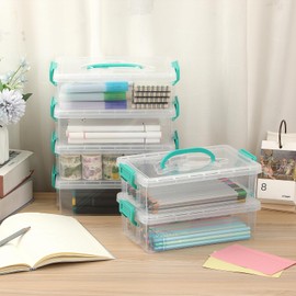 BTSKY 6-Pack Large Stackable Pencil Boxes with Handles, Transparent Pencil Case with Latching Lids & Clasp, Plastic Pencil Box Stationery Organizer Box Ideal for Craft Pen Art Office Supply, Green