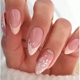 Press-on Nails, Pink French Tips with White Floral Design and Gold Glitter Accent, Almond Shape, 24 Pieces